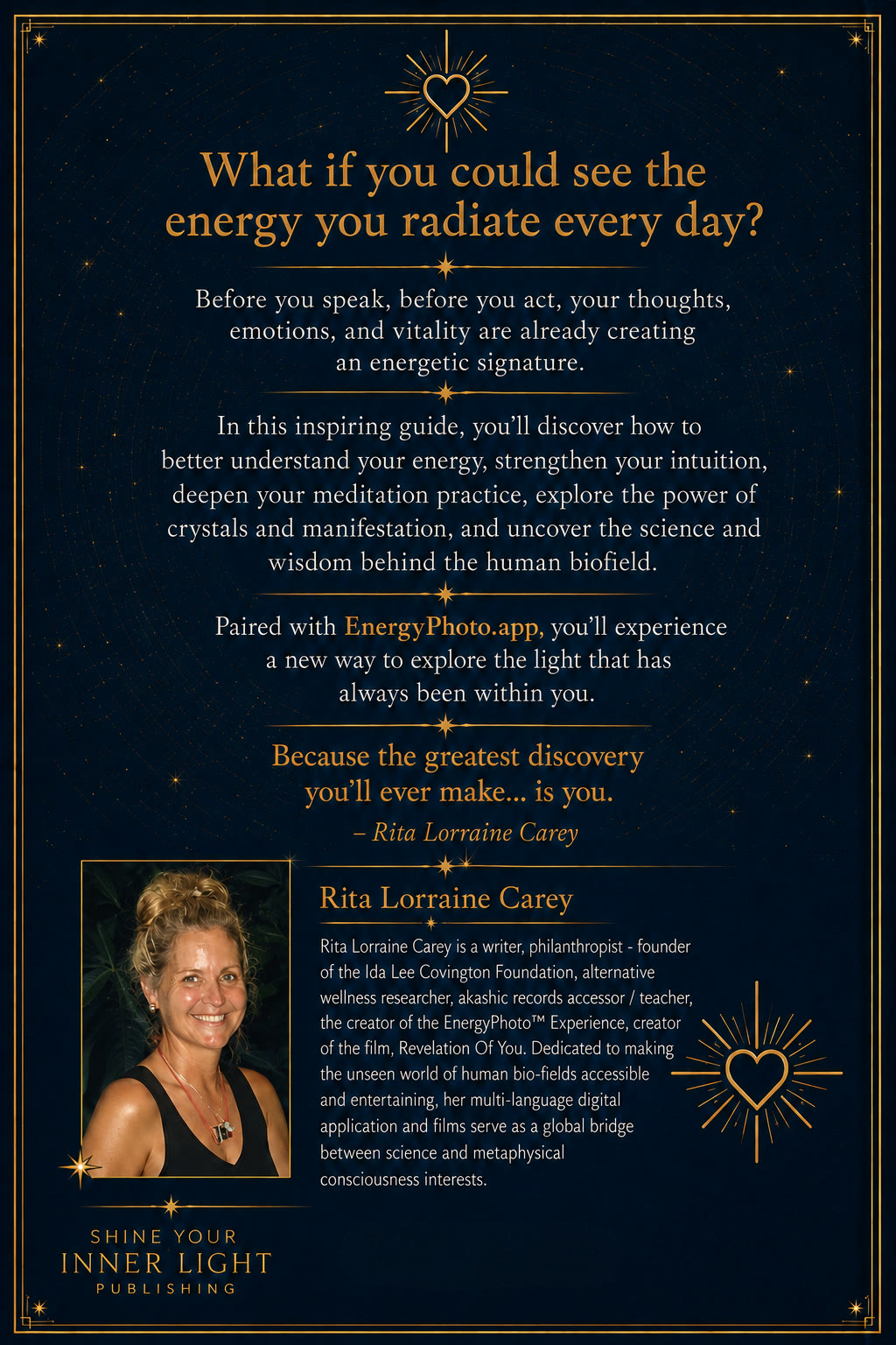 Back cover of the Aura, Energy & Manifestation Guide with author bio for Rita Lorraine Carey