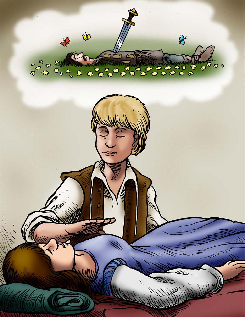 Elijah easing a woman’s pain, seeing her lying on a battlefield in another life