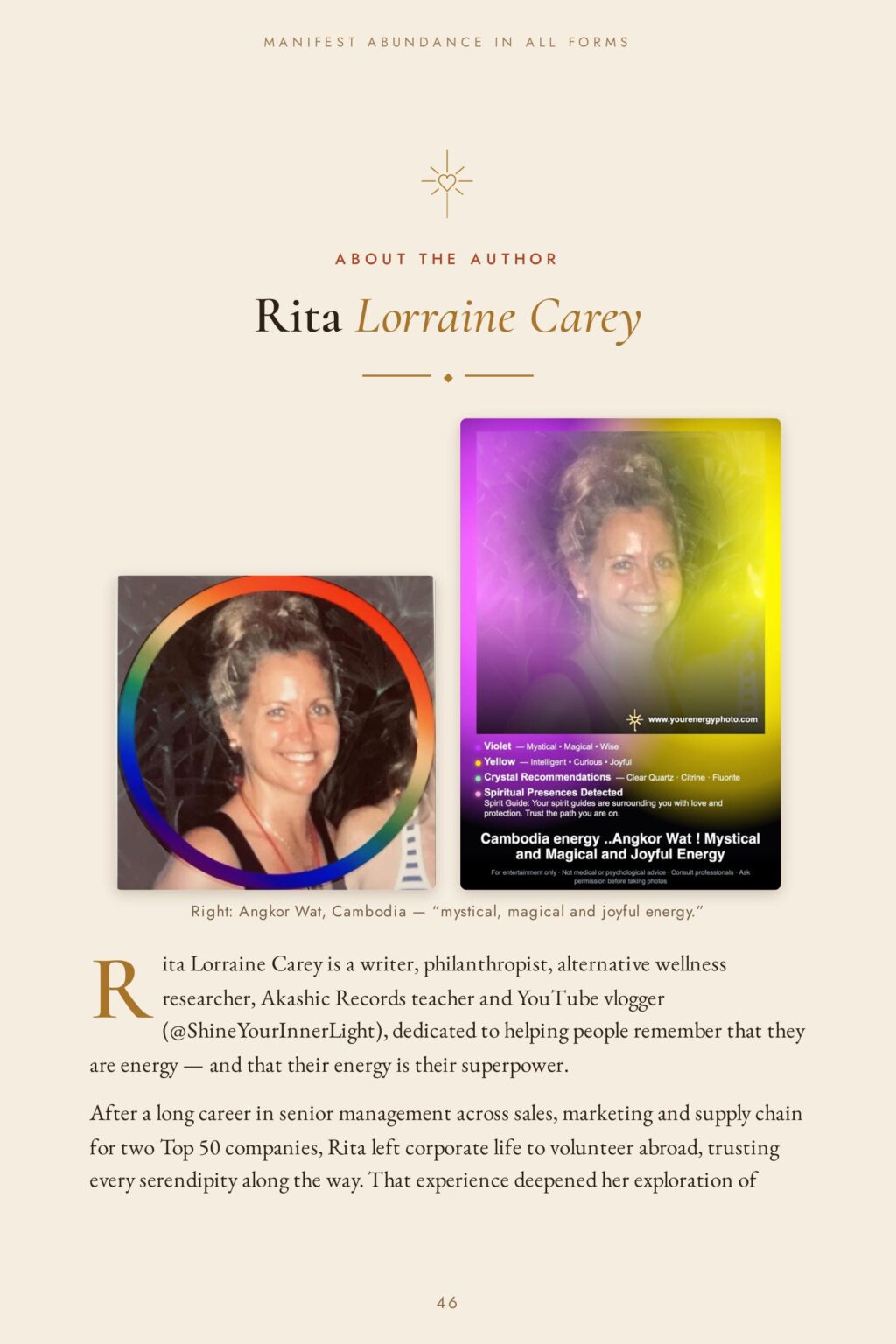About the author — Rita Lorraine Carey, with two aura photographs taken at Angkor Wat